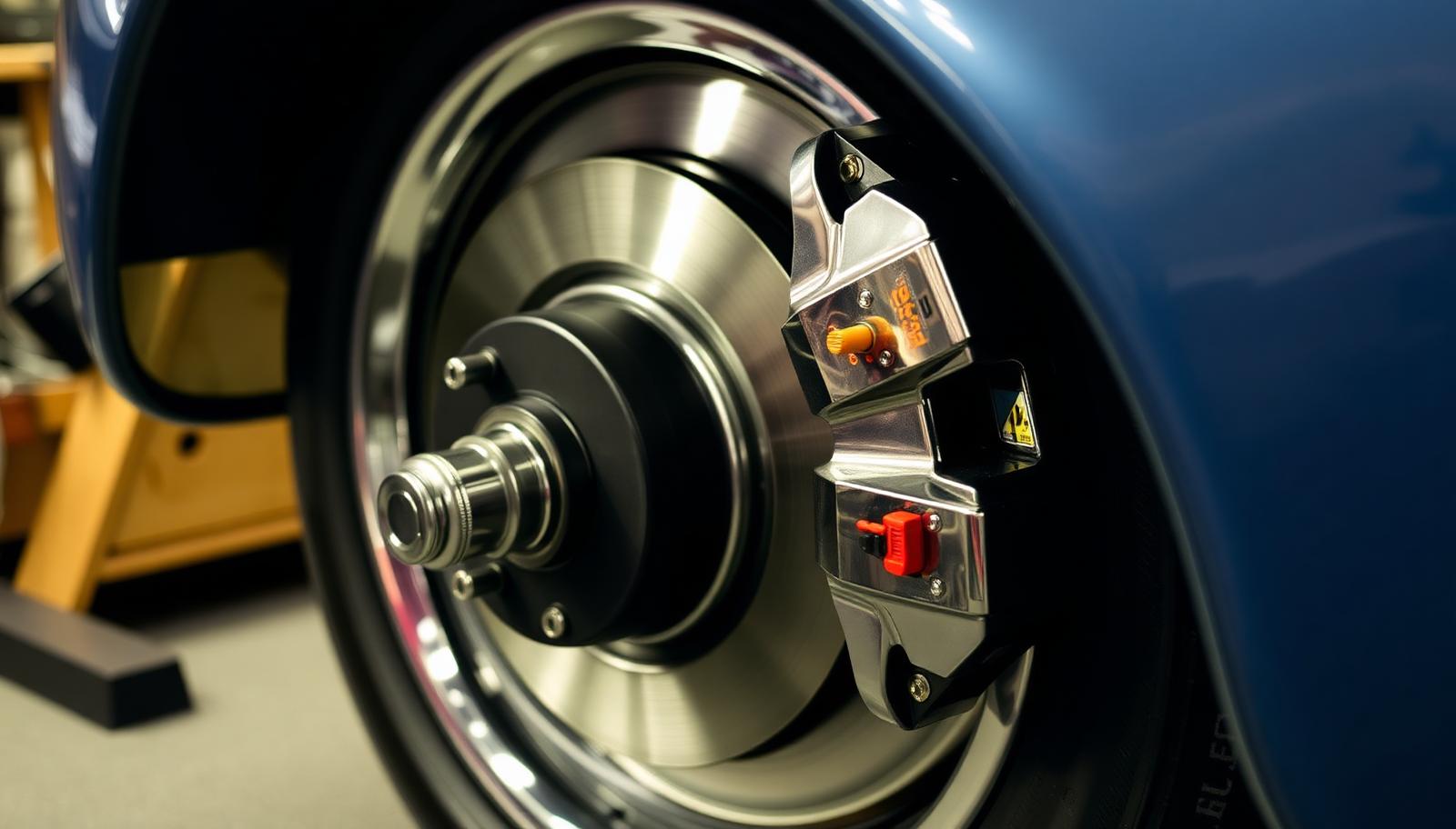 Vented front brake disc and polished alloy four-pot caliper behind the chrome wire wheel of a classic saloon