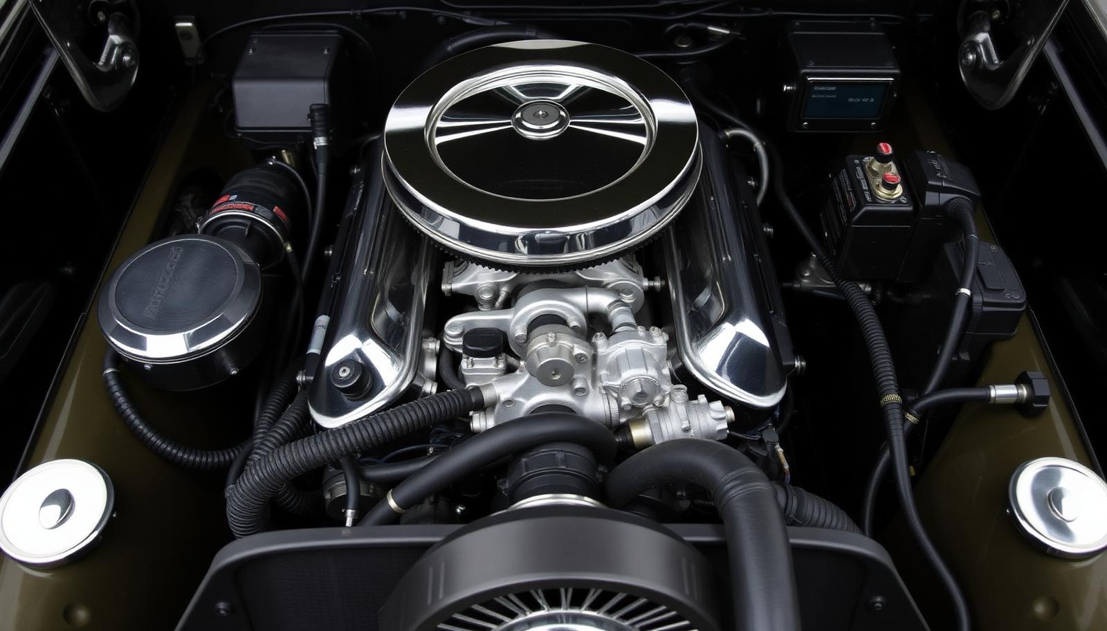 Engine bay of a classic British twin-cam straight-six showing polished cam covers, radiator and an electric cooling fan