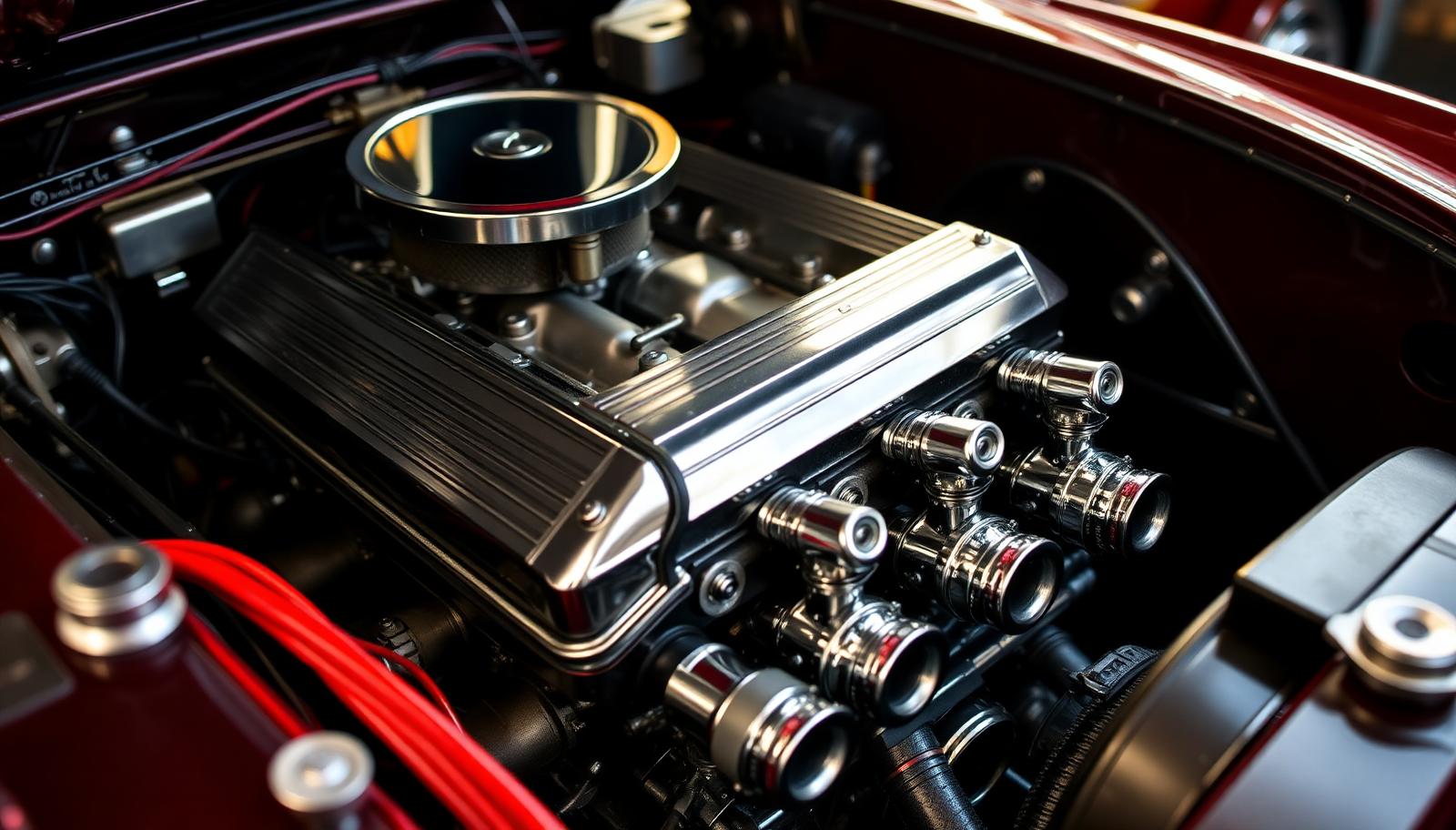 Classic British twin-cam straight-six engine with polished alloy cam covers and multiple SU carburettors in a saloon engine bay