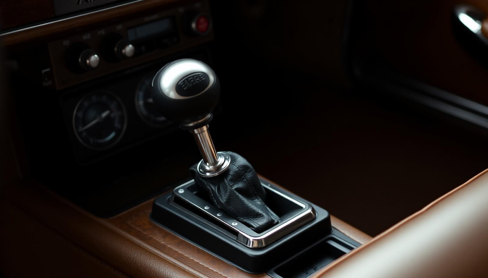 Chrome gear lever with a black knob rising from the wood-and-leather console of a classic British sports saloon