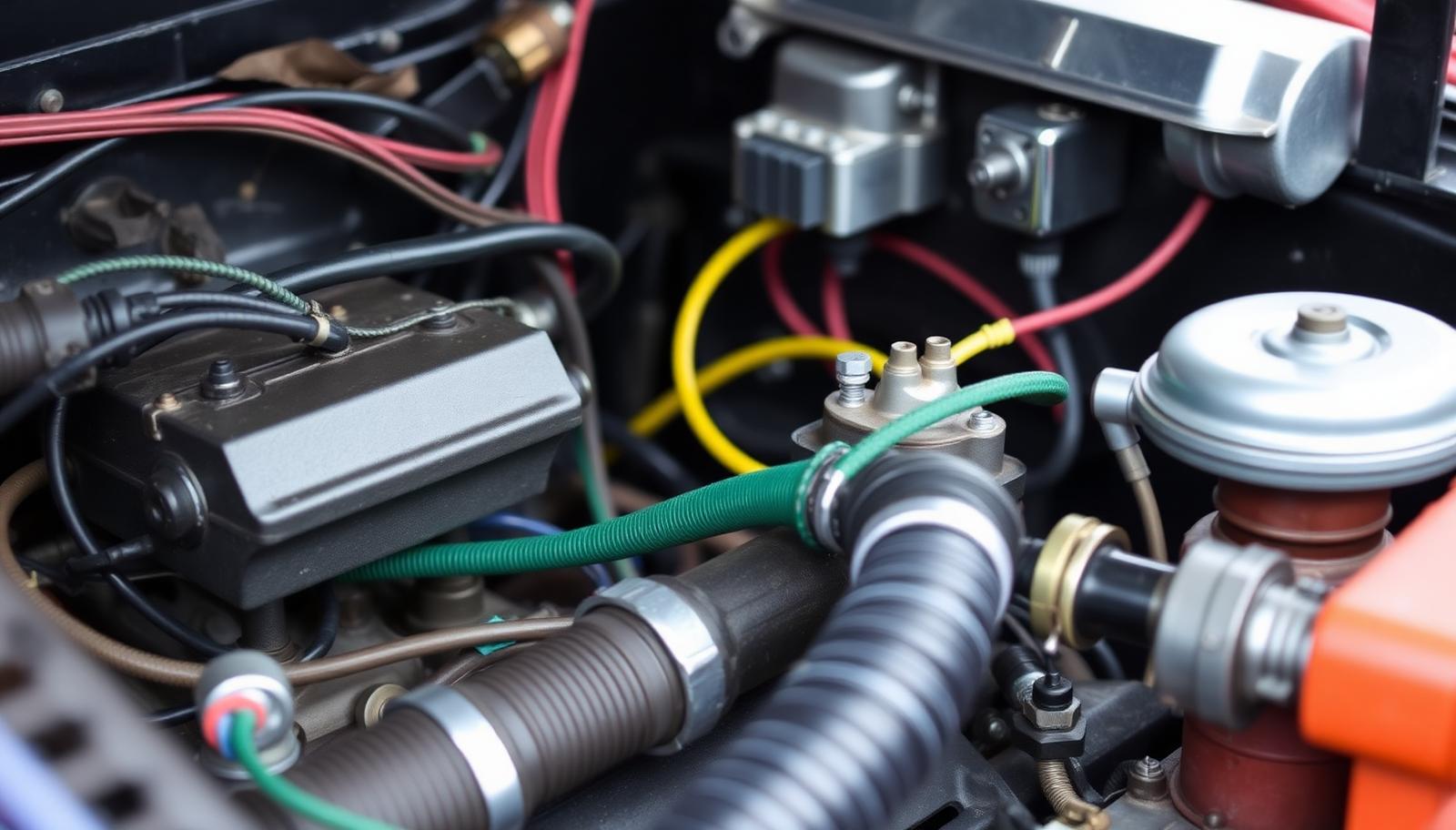 Neatly loomed colour-coded wiring harness, fuse box and distributor in a classic British engine bay