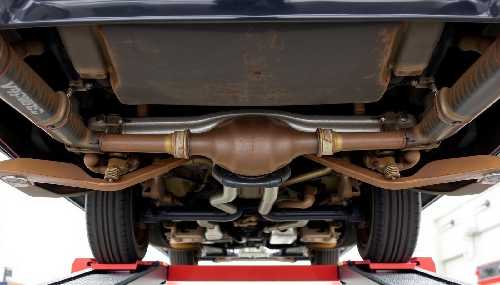 Underside view of a classic British saloon on a ramp showing the live rear axle, leaf springs and differential casing
