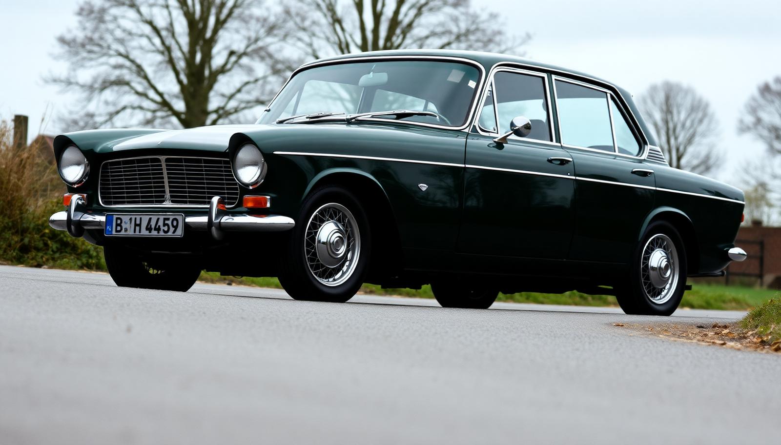 Dark green classic British sports saloon on chrome wire wheels sitting low on a country road, seen from a front three-quarter angle