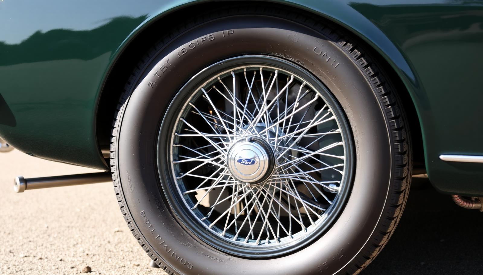 Chrome wire-spoke wheel with a blackwall radial tyre under the slightly flared rear arch of a dark green classic saloon
