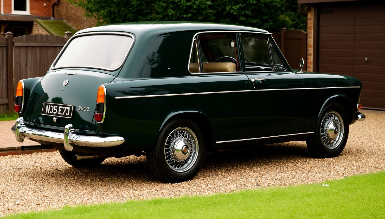 Dark green 1960s British classic sports saloon with chrome bumpers and wire wheels parked on a gravel drive