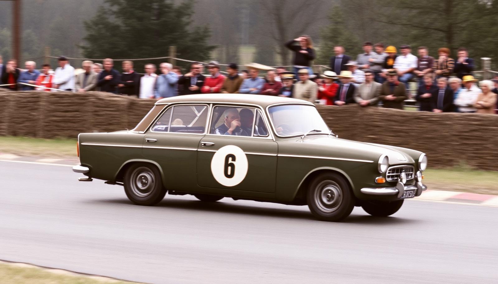 1960s British saloon race car cornering on a club circuit with a number roundel on the door and period spectators behind