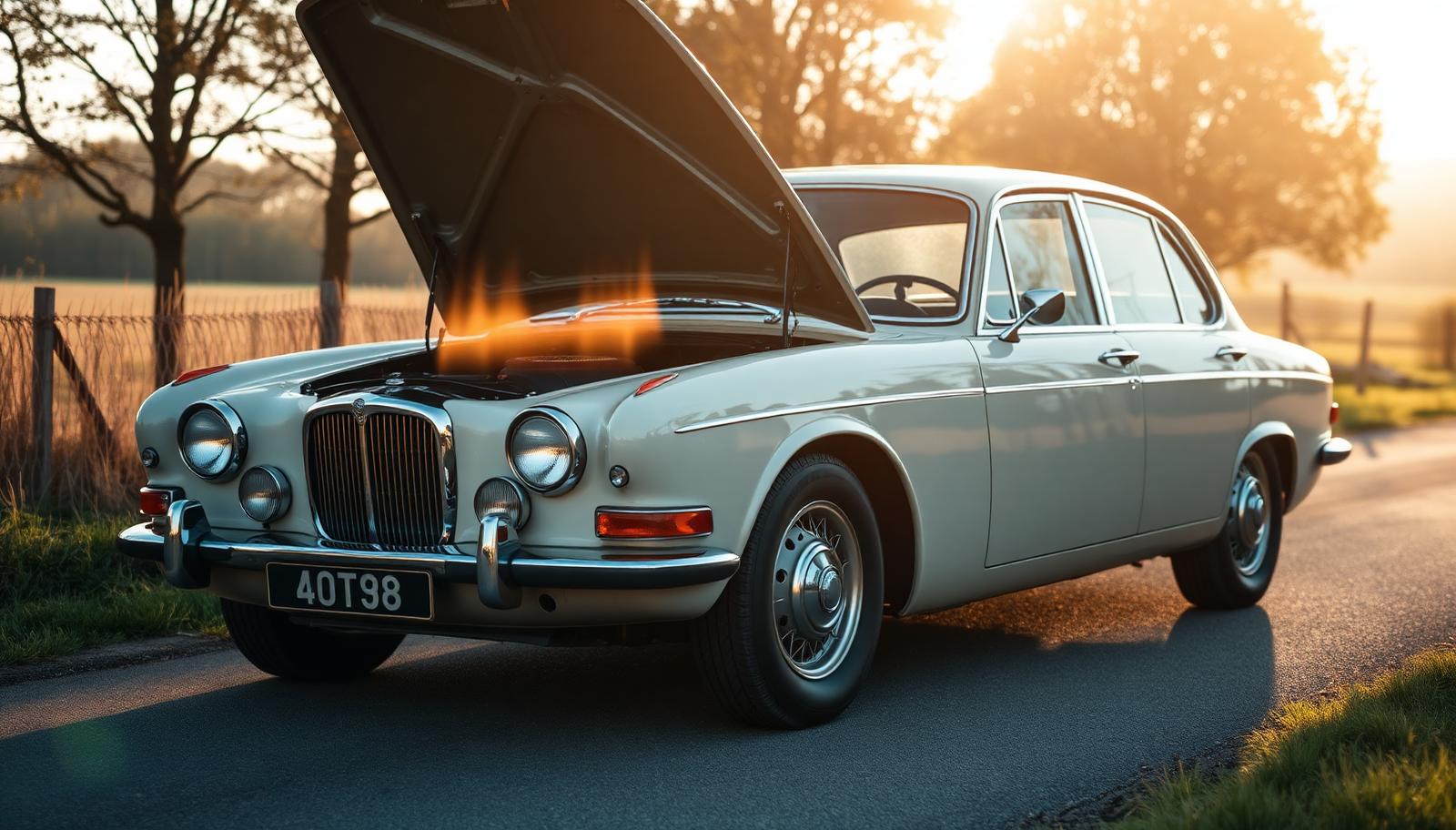 Classic Jaguar Mk2 saloon at the roadside on a hot summer day with its bonnet raised