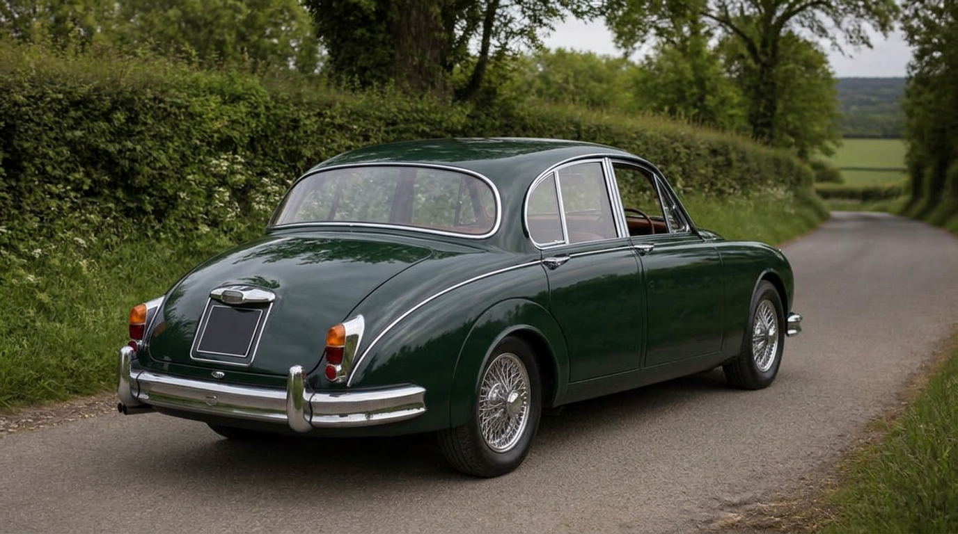 Classic Jaguar Mk2 saloon on a country road with a current tax disc visible in the windscreen