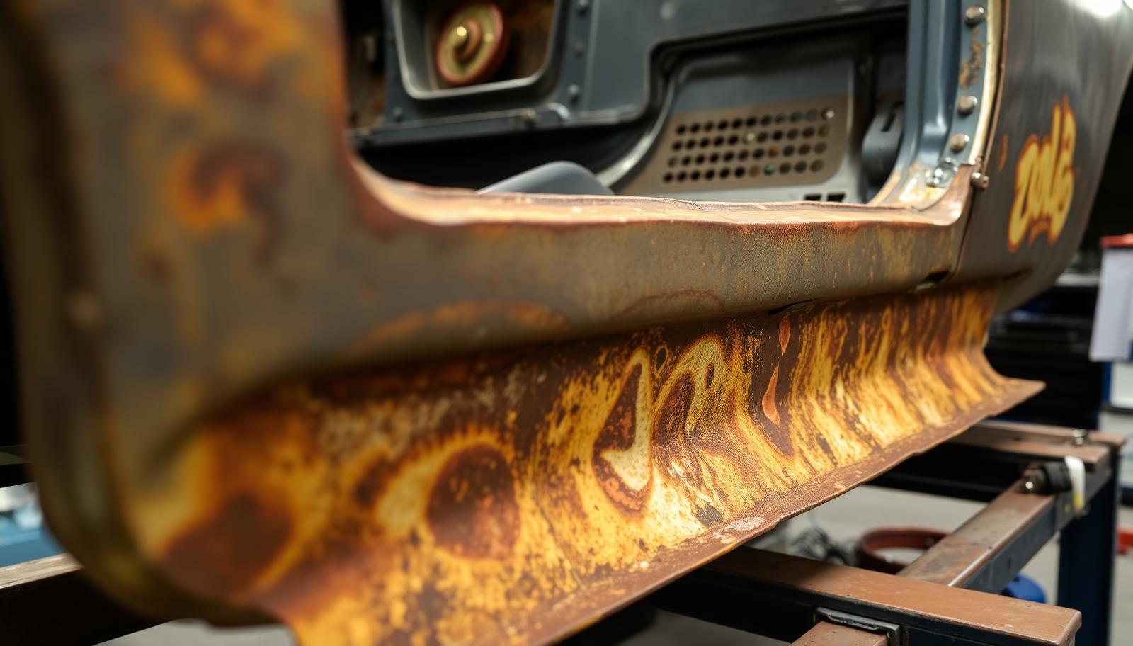 Corroded sill and floor section of a 1960s British classic car bodyshell under workshop inspection